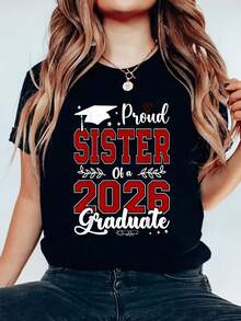 Women's Printed T-Shirt - Casual Short Sleeve Crew Neck T-Shirt In Black With Proud Sister Of A 2026 Graduate Design, Relaxed Fit For All Seasons, Perfect For Everyday Wear And Special Celebrations (Machine Washable). - 黑色 - 查看 6