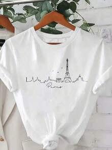 Summer Clothes: Women's T-Shirt With Paris Landscape Silhouette, Paris Line Art Print, Round Neck And Short Sleeve, Casual Pattern T-Shirt, Loose And Comfortable Summer Set For Women. - 白色 - 查看 1