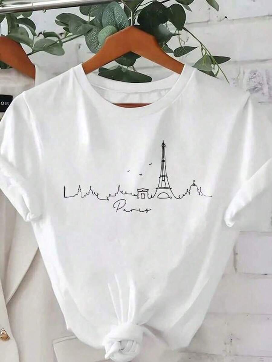 Summer Clothes: Women's T-Shirt With Paris Landscape Silhouette, Paris Line Art Print, Round Neck And Short Sleeve, Casual Pattern T-Shirt, Loose And Comfortable Summer Set For Women. - 白色 - 查看 1