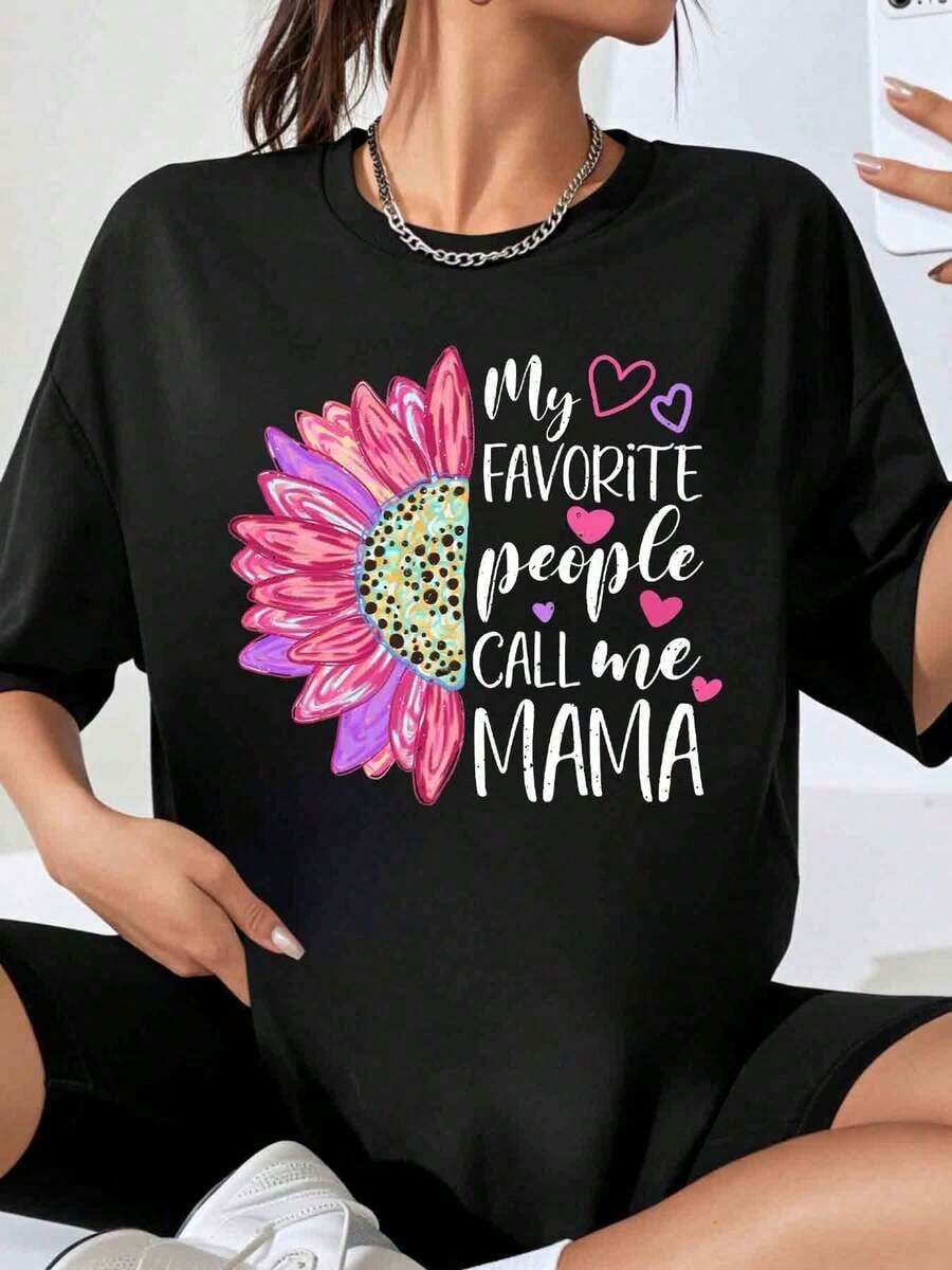 My Favorite People Call Me Mom, Floral Print T-Shirt For Women, Gift For Mom, Mother's Day T-Shirt, Cute T-Shirt For Mom - 黑色 - 查看 1