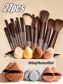 27pcs Professional Makeup Brush Set, Women Makeup Brushes Kit, 13pcs Makeup Brushes + 14pcs Brown Makeup Sponges, Eyeshadow, Foundation, BB Cream, Concealer Brushes, Soft Fiber Makeup Tools For Beginners, Portable Travel Set, Gift For Women And Girls, Summer Style, Back To School Gift - Multicolor - View 12