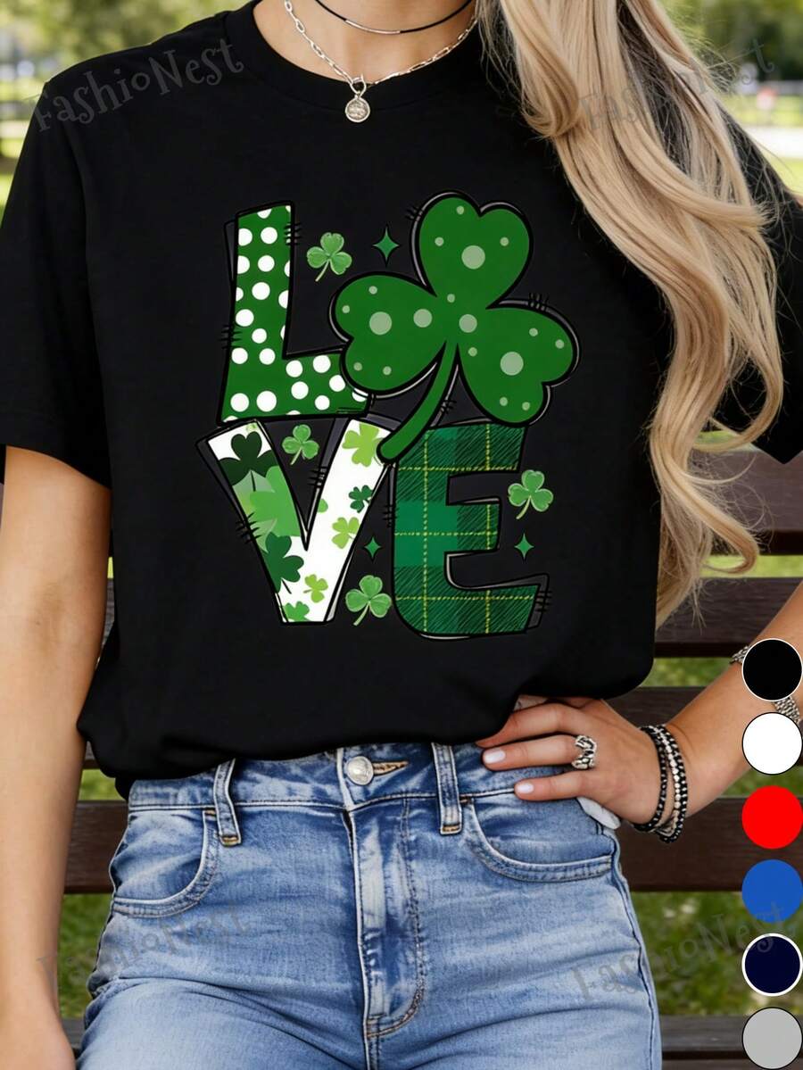 St. Patrick's Day T-Shirt With Shamrock Heart, Shamrock T-Shirt, St. Patrick's Day T-Shirt, Cute St. Patrick's Day T-Shirt, Green Heart T-Shirt, Short Sleeve Crew Neck T-Shirt 100% Cotton, Sizes S-XXXL, Solid Color, Crew Neck, Regular Fit, Versatile, Straight Short Sleeve Top. - 黑色 - 查看 1