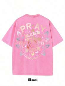Golden Cross Floral Pray On It Vintage Oversized Graphic Tee, Religious Summer Top For Unisex - 玫紅色 - 查看 2