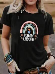 Camiseta negra informal de manga corta con cuello redondo para hombre,Camisetas Para Mujer Camiseta única con diseño de arcoíris colorido y mensaje inspirador You Are Enough estilo y2k perfecta para lucir con actitud y originalidad, ideal para amantes de la moda y la afirmación personal, no te quedes sin la tuya - Negro - Ver 6
