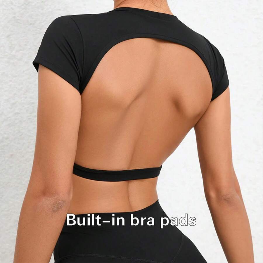 Hearuisavy Breathable Summer Sports T-Shirts, Workout Tops, Activewear, Backless Yoga Clothes, Women's Sports Crop Tops, Gym Top - 黑色胸墊 - 查看 1