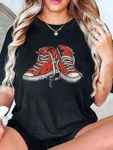 Women's Summer Shirts; Canvas Sneaker Print T-Shirts; Fun T-Shirts; Women's Round Neck T-Shirts, Suitable For Gifting; Suitable For Everyday Casual Wear, Vacation, Relaxation And Gifts. - 黑色 - 查看 1