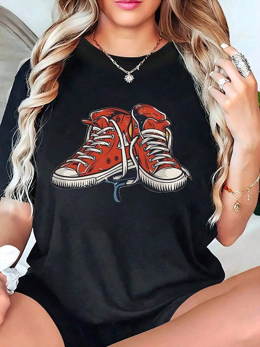 Women's Summer Shirts; Canvas Sneaker Print T-Shirts; Fun T-Shirts; Women's Round Neck T-Shirts, Suitable For Gifting; Suitable For Everyday Casual Wear, Vacation, Relaxation And Gifts. - 黑色 - 查看 1