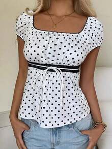 de manga corta casual y versátil con cuello cuadrado para mujer, top amarillo de verano - Blanco y Negro - Ver 3