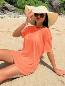 Vestido kaftan de mujer de unicolor con cuello redondo y manga corta, para usar en vacaciones - Naranja Quemada - Ver 3