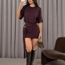PETITE Vestido camiseta con detalle de anillo de drapeado, falda ajustada, hombros cuadrados, corte holgado, estilo urbano, lindo, elegante, casual, sexy, para salir, otoño, Navidad, Acción de Gracias, elegante - Marrón - Ver 1