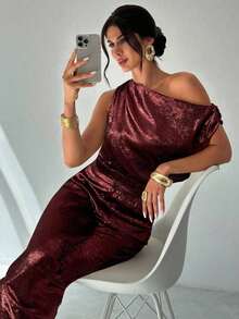 Conjunto de blusa suelta asimétrica sin hombros con baño de oro sin mangas y pantalones de pierna ancha con cintura elástica, adecuado para citas, fiestas, viajes diarios, festivales de música, ceremonias de graduación, atuendos de maestros y ocasiones formales - Burdeos - Ver 5