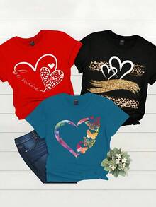 Set de 3 camisetas gráficas de mujer con estampados de leopardo, floral y corazón para el verano - Multicolor 3 - Ver 3