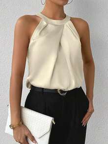 Blusa de crepé champán con cuello fruncido, sin mangas, elegante y sencilla para la oficina, para uso diario y de oficina - Beis - Ver 1