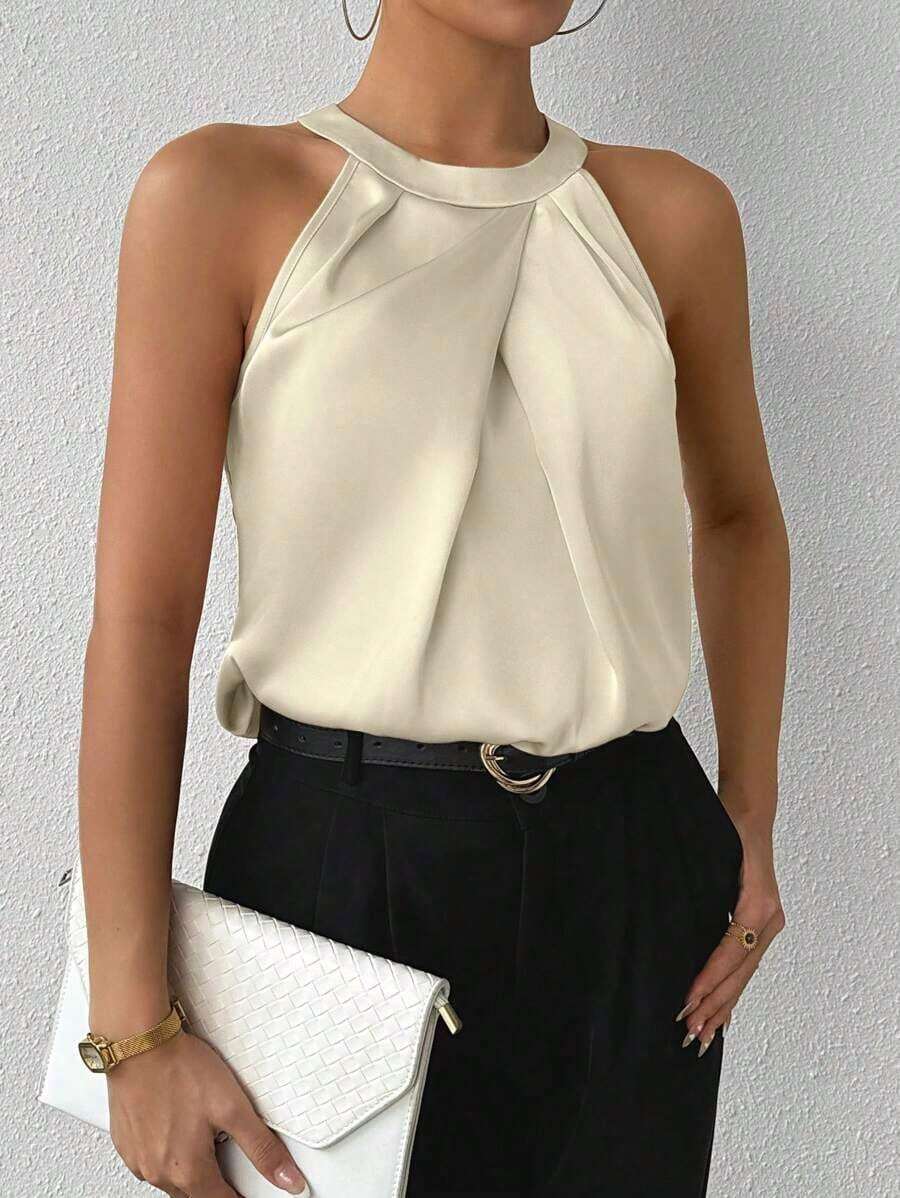 Blusa de crepé champán con cuello fruncido, sin mangas, elegante y sencilla para la oficina, para uso diario y de oficina - Beis - Ver 1