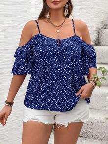 Camiseta romántica con volantes y escote descubierto de corazoncitos para vacaciones, talla grande.Ideal para fiesta casual, picnic o San Valentín. - azul real 2 - Ver 4