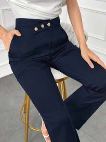 Pantalones elegantes de mujer con pierna recta, cintura suelta y detalles de botones para otoño/invierno - Azul marino - Ver 7