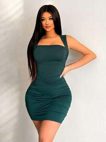Vestido corto fruncido de un solo color para ropa de Año Nuevo - Verde - Ver 4