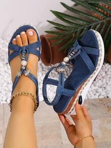 Women's Summer New Bohemian Style Beaded Wedge Platform Sandals - Blue - View 5