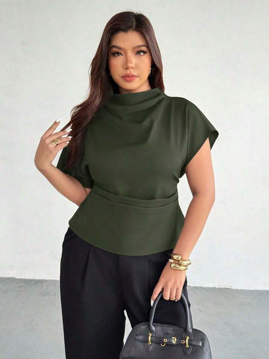Blusa ajustada con cuello fruncido, manga asimétrica y cintura fruncida con estampado de lunares marrones.Adecuada para ir a trabajar, estilo vintage, elegante, para usar en las cuatro estaciones y para vacaciones en la Riviera Francesa - Verde - Ver 1