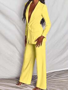 Conjunto de blazer y pantalones de unicolor y manga larga minimalista para mujer - Amarillo - Ver 3