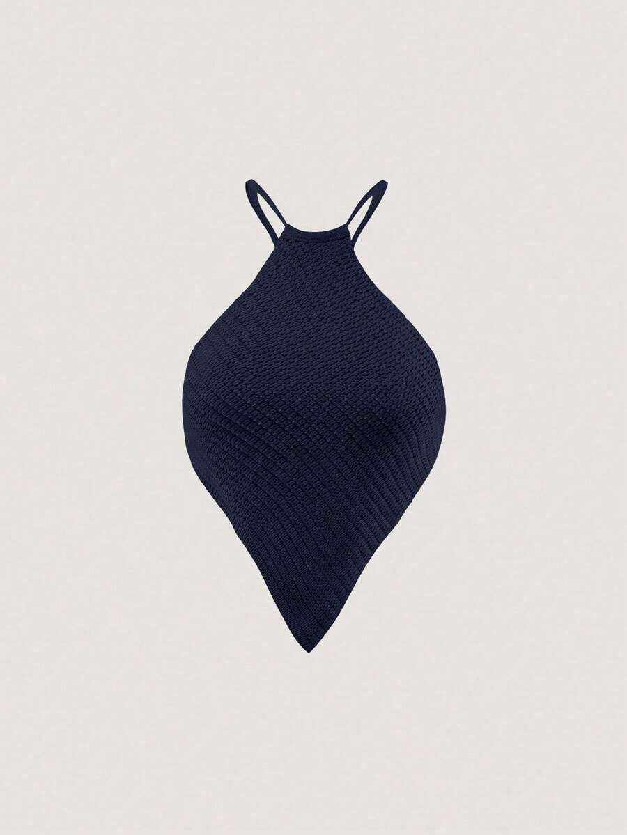 Blusa de punto de mujer de verano con cuello halter, dobladillo asimétrico y unicolor - Azul marino - Ver 1