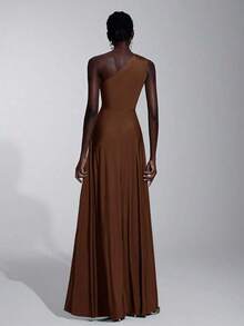 Vestido holgado de dama de honor de línea A con un hombro, de tela elástica tejida de color verde romántico y elegante - Marrón - Ver 7