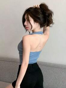 Top halter acanalado de un solo color, top de salida, top de tirantes, atuendo de crucero para mujeres - Azul - Ver 2