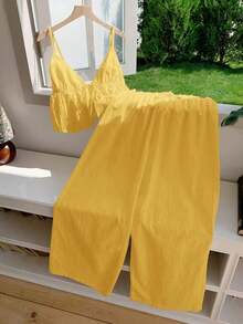 2 piezas de top de tirantes y pantalones de lino de verano para mujeres - Amarillo - Ver 6