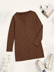 Women's Casual Cardigan, Open Front Lightweight Long Sleeve, Button Design, Loose Solid Color Jacket, Spring/Summer - Coffee Brown - View 3