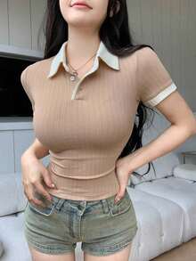 casual de mujer de unicolor con cuello polo y manga corta, para el verano, top corto para mujeres - Caqui - Ver 2