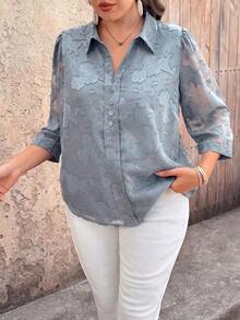 Blusa casual de mujer talla grande de unicolor, cuello en V, manga 3/4, decoración con botones, de tela de chifón jacquard - Azul - Ver 3