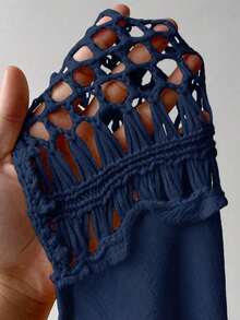 Vestido tapa playa para talla grande de mujer de unicolor, de cuello halter, tejido a crochet, con diseño calado y ajustado - Azul marino - Ver 7