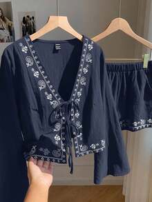 Conjunto de blusa con amarre al frente y shorts con estampado de anacardo para mujer, en estilo bohemio - Azul marino - Ver 6