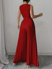 Mono elegante de mujer con diseño de doble botonadura y plisado en color albaricoque, para primavera y otoño - Rojo - Ver 2