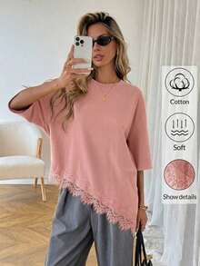 LUNE Camiseta de talla grande con parches de encaje y bajo asimétrico de unicolor - Rosa - Ver 8