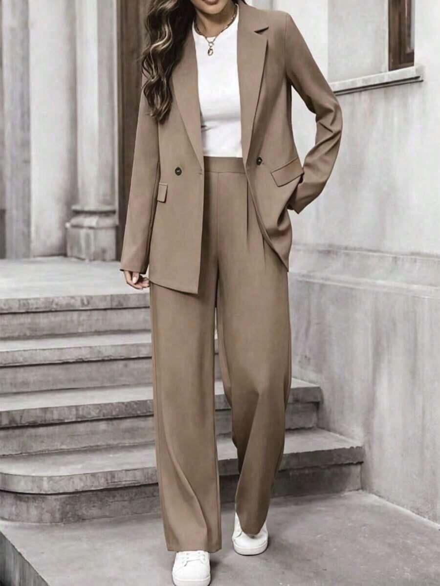 Conjunto de traje informal de mujer con solapa, manga larga y holgado - Café integral 3 - Ver 1