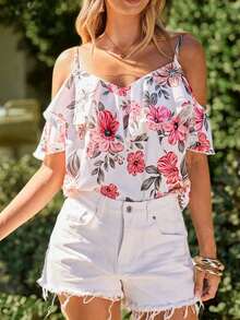 Blusa de mujer de gasa con hombros descubiertos, bajo con volantes y estampado, para primavera/verano y vacaciones - Blanco - Ver 9