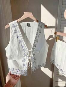 Conjunto de 2 piezas de estilo bohemio y veraniego con estampado floral blanco tejido - Blanco 2 - Ver 5