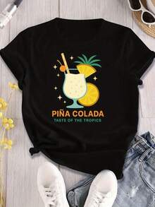 Women's Casual Short Sleeve T-Shirt - Tropical Pineapple And Coconut Cocktail Print Design " Colada A La Tropos", Loose Fit Crew Neck, Breathable Fabric Suitable For Beach Vacations And Summer Wear, Beach T-Shirt, Fun Printed Top, Machine Washable And Versatile For All Seasons. Elegant Party Outfit, T-Shirt For Stylish Ladies, Blouses Suitable For Curvy Women, Prom Skirts, Casual Wear. Adorable Animal Print, Fun Letter Print, Matches With Street Fashion - 黑色 - 查看 7