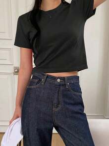 Camiseta de manga corta de unicolor para dama, ideal para verano - Negro - Ver 3