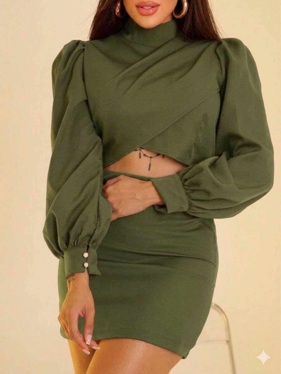 Women's Tailored Elegant Set: Cropped Top With Long Puff Sleeves And Short High-Waisted Skirt. Sophisticated Party/Versatile Evening Wear. Sizes: P(38) M(40) G(42) GG(44) - 苔綠色 - 查看 1