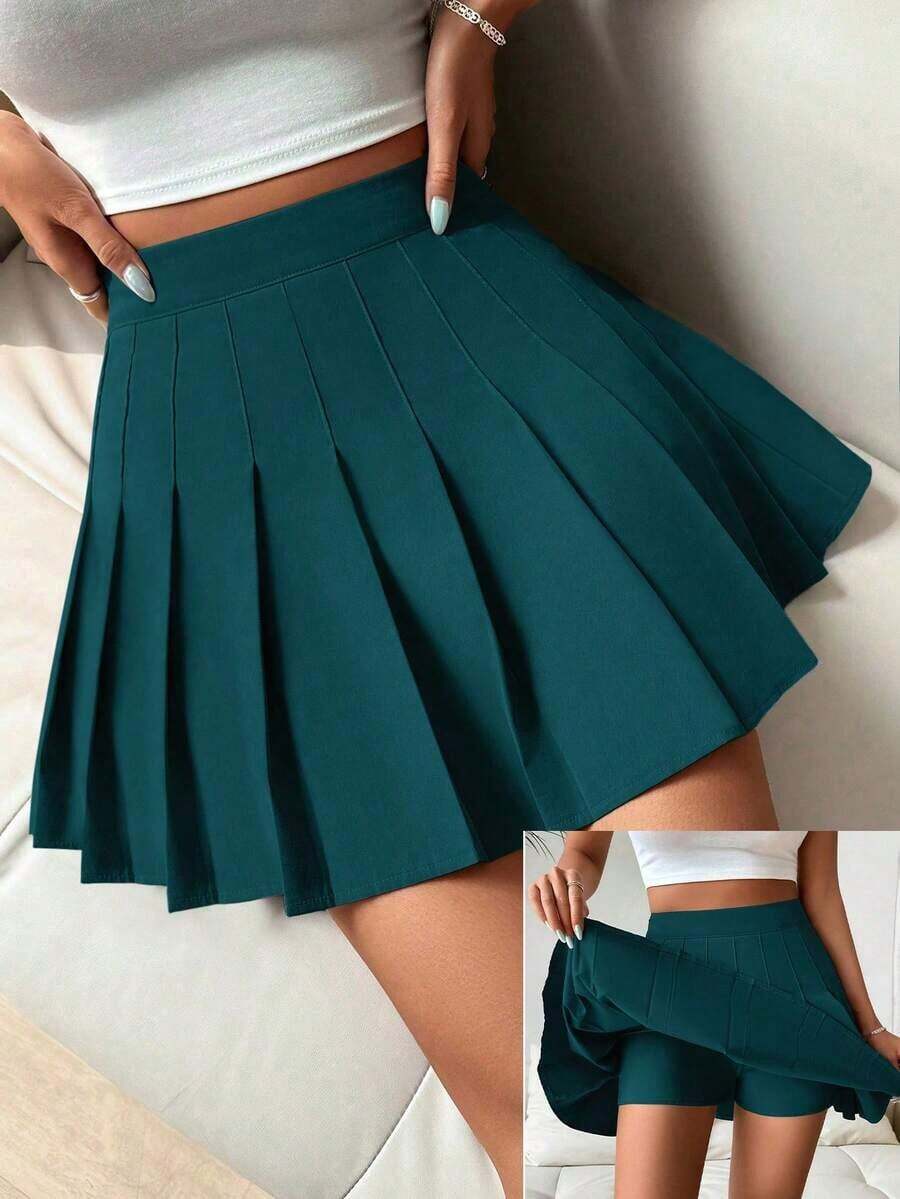 Falda pantalón casual de talle alto con pliegues y rayas para mujer - Verde Caza - Ver 1