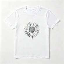 Girasol Boceto Playera de Algodón Blanca Minimalista Artística - Blanco - Ver 1