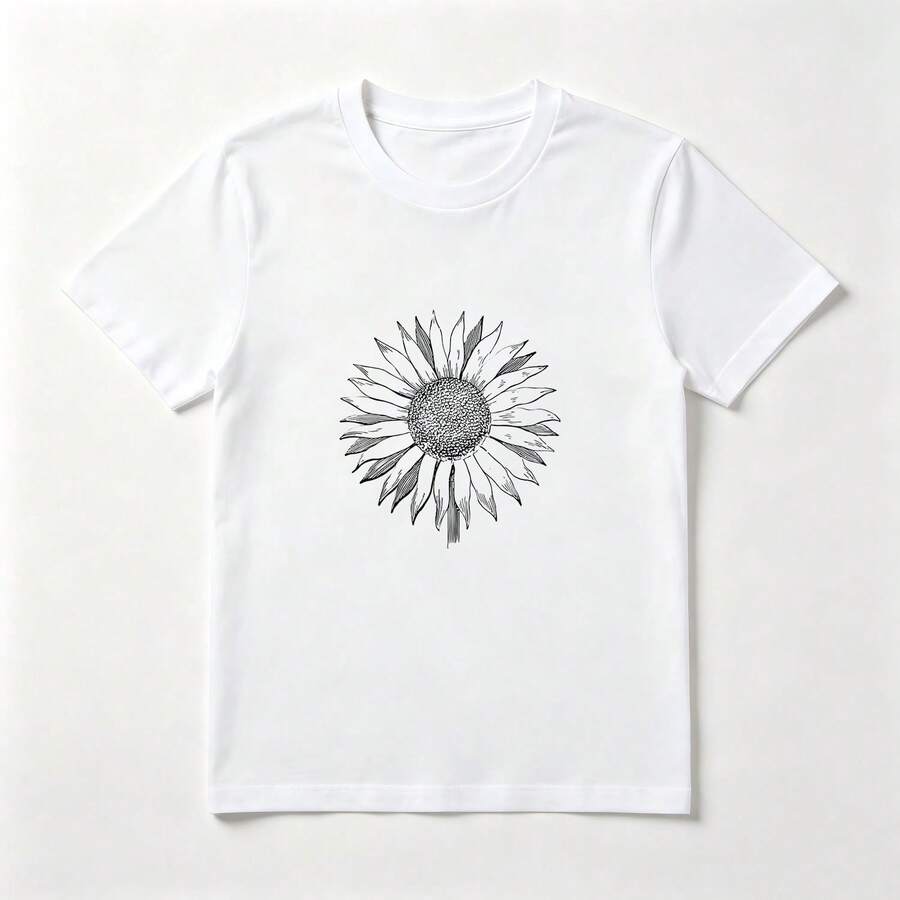 Girasol Boceto Playera de Algodón Blanca Minimalista Artística - Blanco - Ver 1