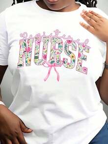 Women's Cotton T-Shirts, Registered Nurse Floral Design T-Shirt For Nurses, Professional Gift, Occupational Clothing, Women's Fashion Top, Basic Women's Blouses - 白色 - 查看 2