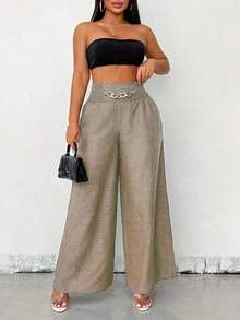 Women's Casual Wide-Leg Linen Pants With Metal Chain Detail, Autumn Style - 摩卡棕 - 查看 8