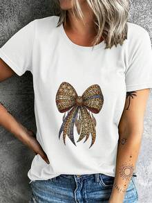 Camiseta de Moda de Verano Mexicana para Mujer, Camiseta de Mujer, Manga Corta de Moda, Cómoda y Transpirable, para Fitness, Viajes de Ocio, Estampado de Lazo y Leopardo, Camiseta de Algodón, Moda Verano - Blanco - Ver 1