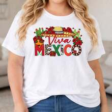 Women's Casual T-Shirt With Viva Mexico Graphic Print, Short Sleeve Cotton T-Shirt With Floral Hat And Cactus Print, Loose Fit, Summer Top For Mexican Fiesta, Fashion Clothing - 白色 - 查看 8