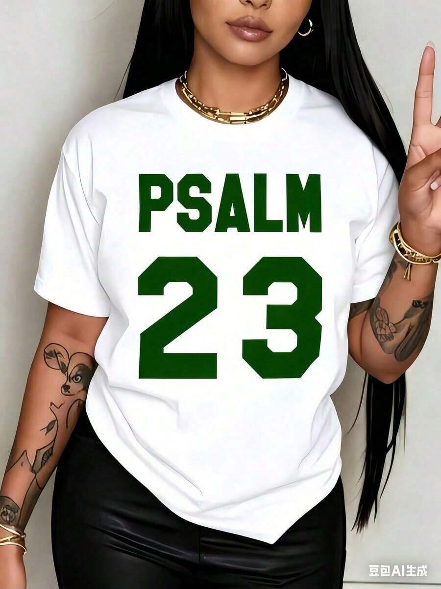 Regalo: 1 camiseta blanca para mujer con estampado del Salmo 23, cuello redondo, camiseta casual de algodón, tejido de punto de elasticidad media, corte regular para damas, para primavera/verano/otoño, suave. - Blanco - Ver 1