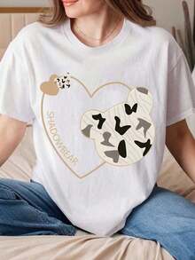 Camiseta de manga corta para mujer con estampado de oso, camuflaje y corazón, estilo casual de verano, tela cómoda, perfecta como regalo - Estilo vintage urbano, unisex, holgada, de algodón, manga corta, cuello redondo, blusas para mujer. blusas.blusas casuales para dama.Impresión de osos cariñosos.Camiseta estampada Impresión de osos cariñosos. - Blanco - Ver 1